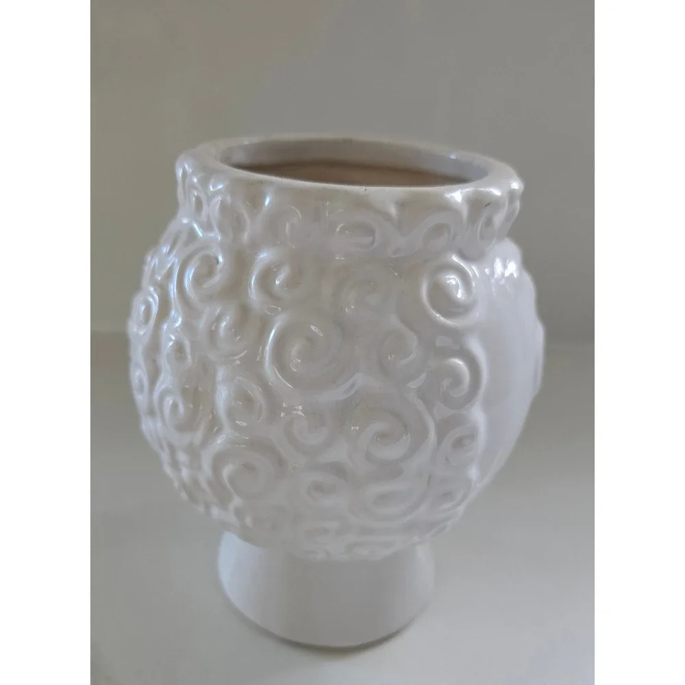 White Ceramic Face Planter Whimsical Embossed Head Vase Glossy 14946-04